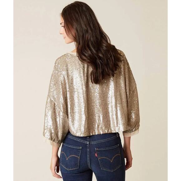 Free People Champagne Dreams Tee Small Neutral Gold Sequin Oversized Cropped - Picture 13 of 13